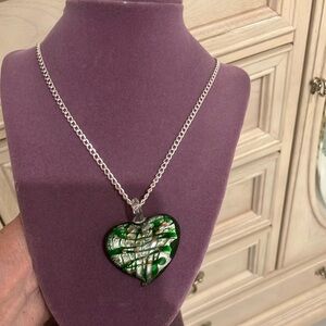 Murano Hand Blown Green/Silver Heart Glass Pendant on 24” Nickel Free Link Chain